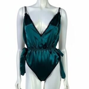 Vintage 1980s Lady Cameo Dallas Teal Black Satin Tie Side Bodysuit